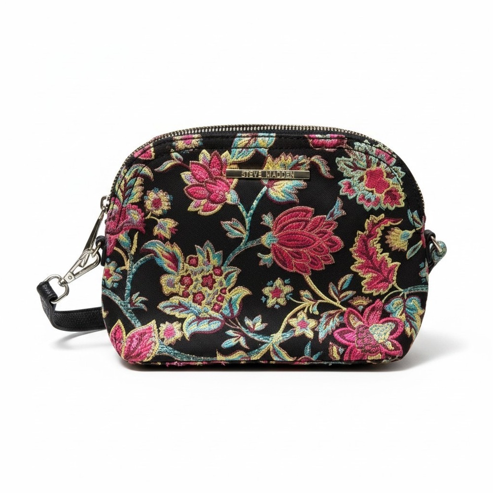 Steve Madden Floral Tapestry Bag Black Pink Gold Metallic Dome Camera